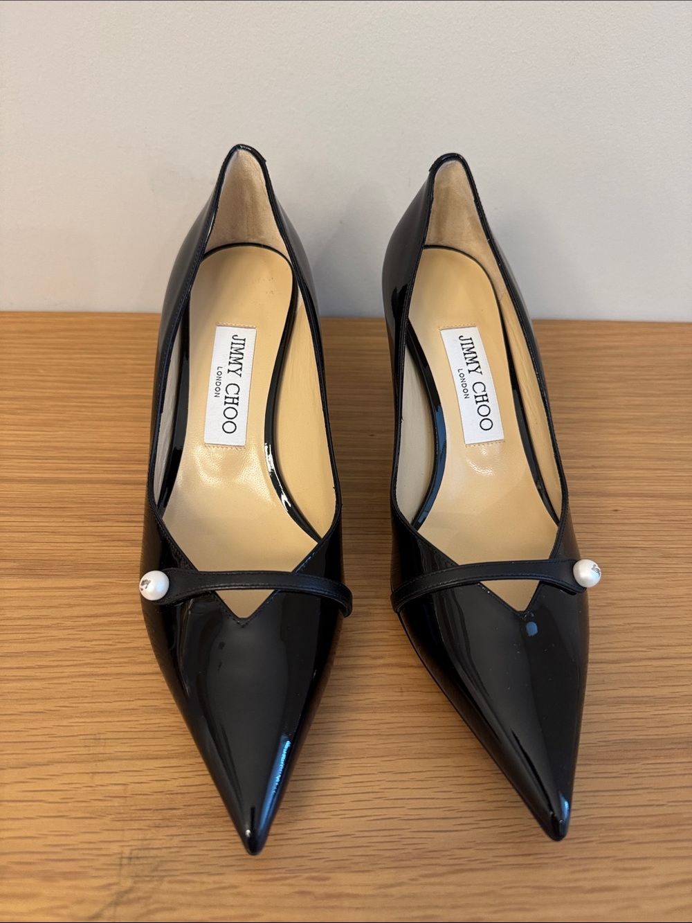 Jimmy Choo Black Patent Pointed Toe Pumps with Pearl Strap